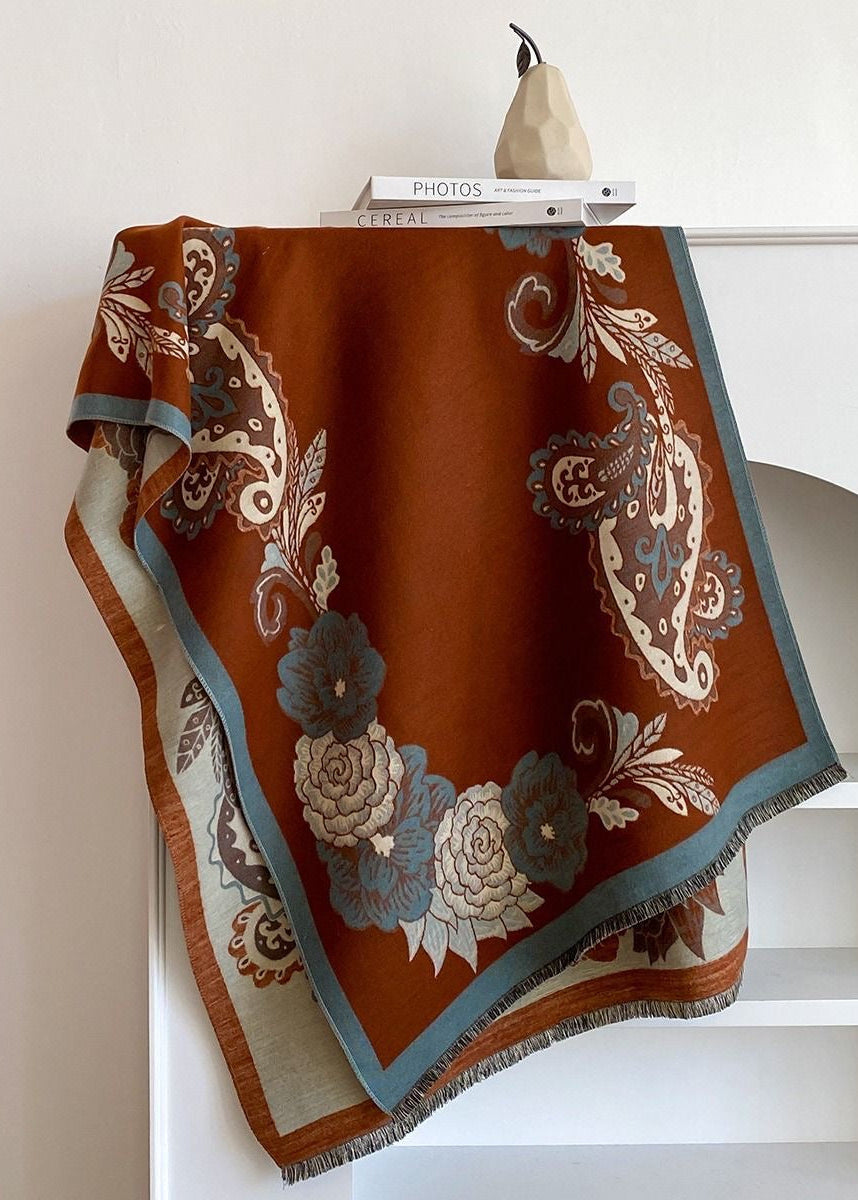 Reversible Floral Paisley Faux Cashmere Scarf with Fringe