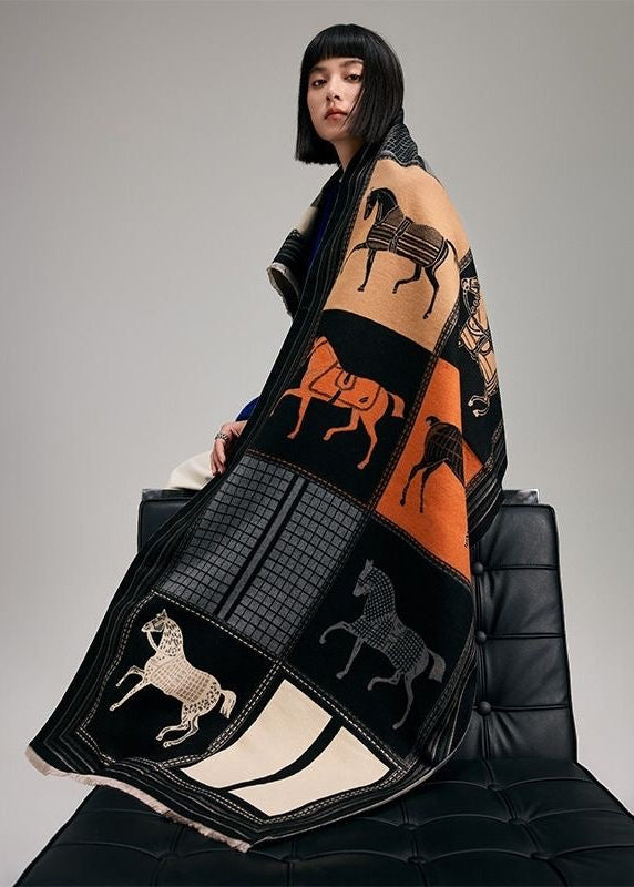 Reversible Equestrian Horse Print Faux Cashmere Scarf with Fringe