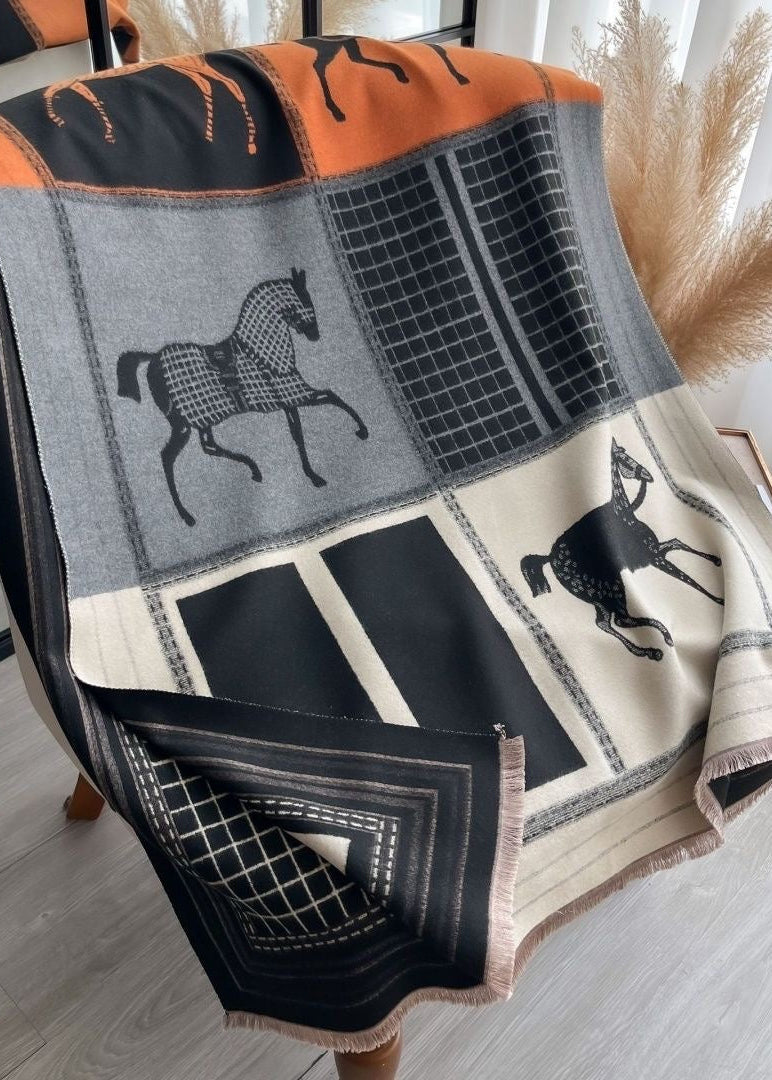 Reversible Equestrian Horse Print Faux Cashmere Scarf with Fringe