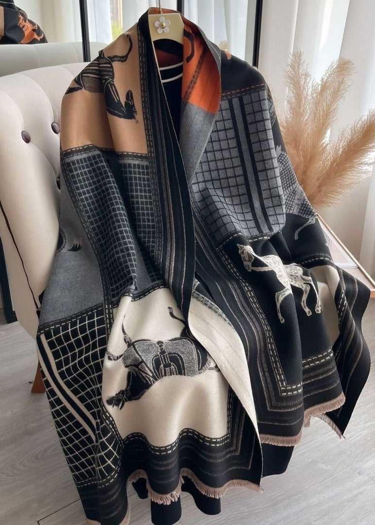 Reversible Equestrian Horse Print Faux Cashmere Scarf with Fringe