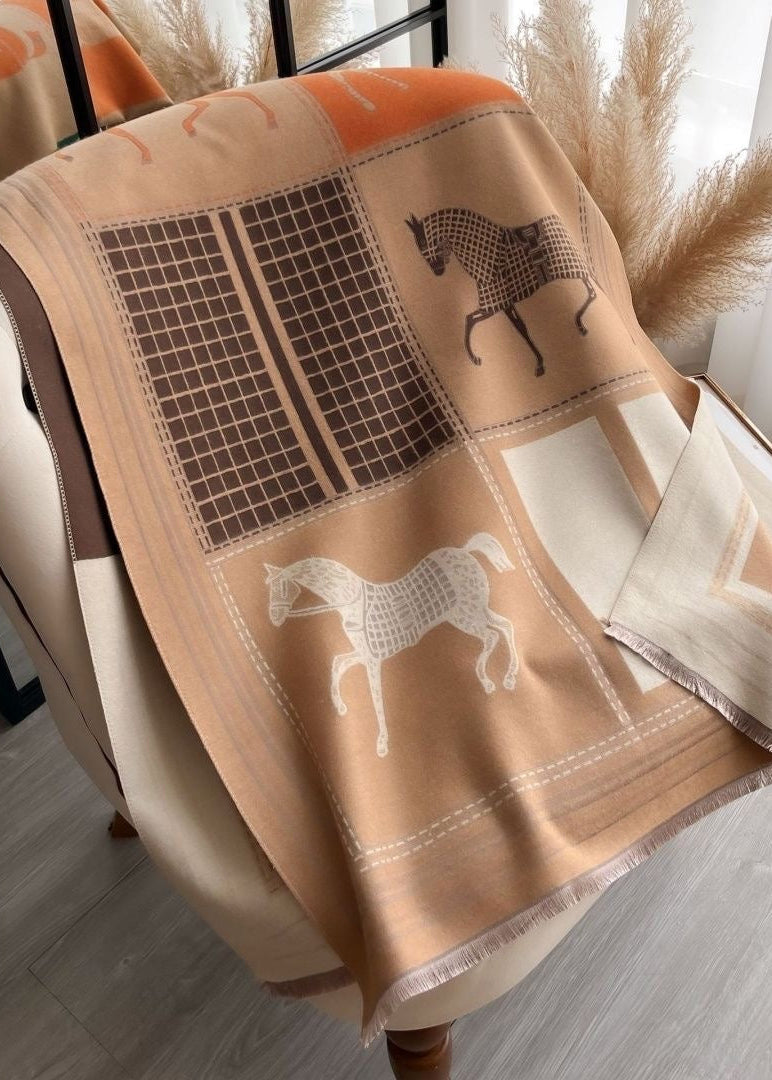 Reversible Equestrian Horse Print Faux Cashmere Scarf with Fringe