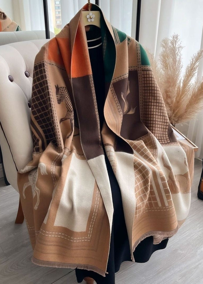 Reversible Equestrian Horse Print Faux Cashmere Scarf with Fringe