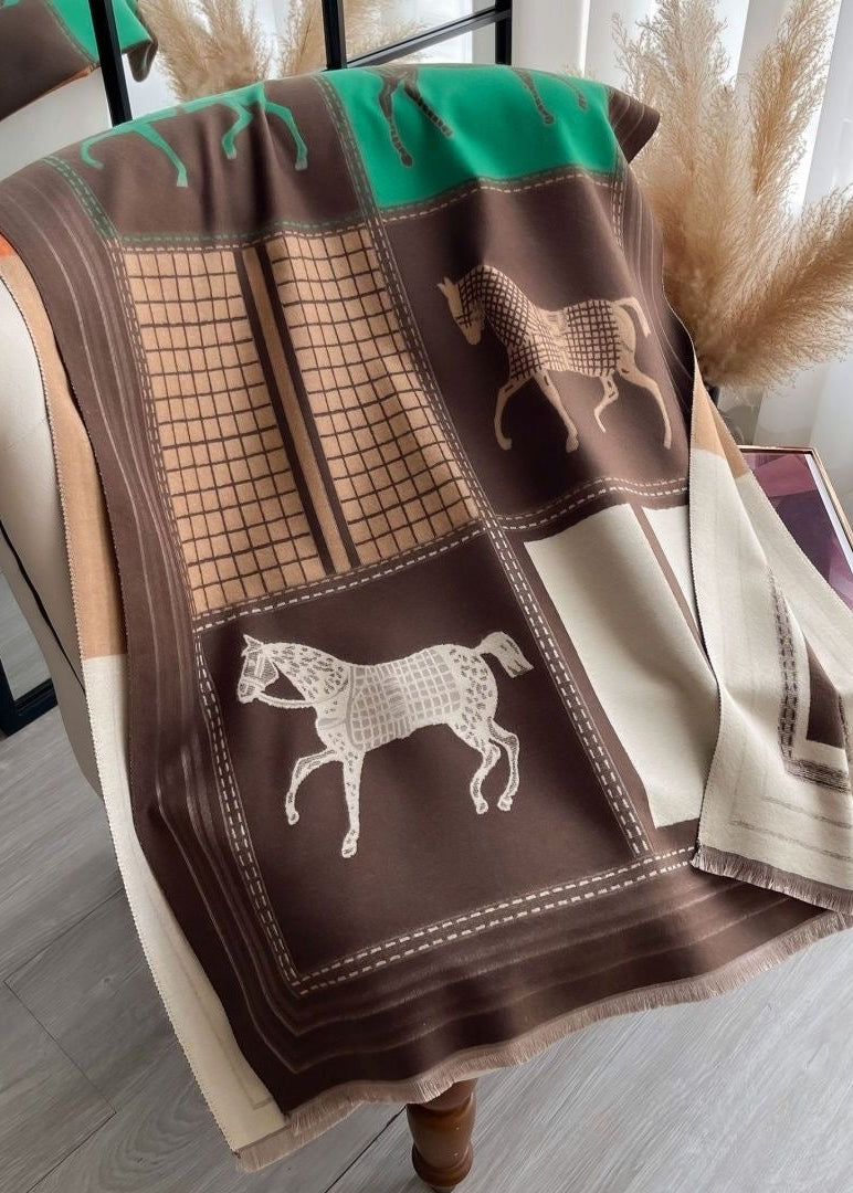 Reversible Equestrian Horse Print Faux Cashmere Scarf with Fringe