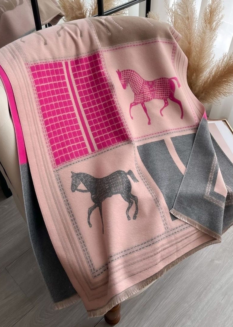Reversible Equestrian Horse Print Faux Cashmere Scarf with Fringe