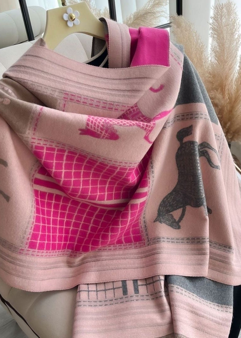 Reversible Equestrian Horse Print Faux Cashmere Scarf with Fringe