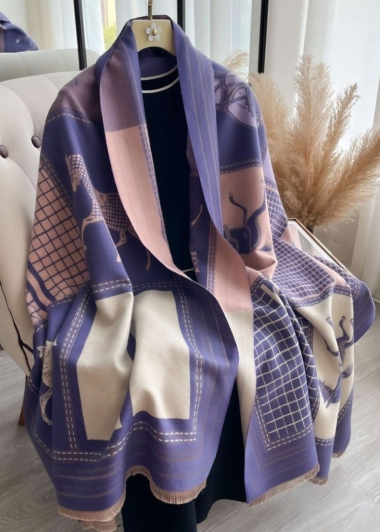 Reversible Equestrian Horse Print Faux Cashmere Scarf with Fringe