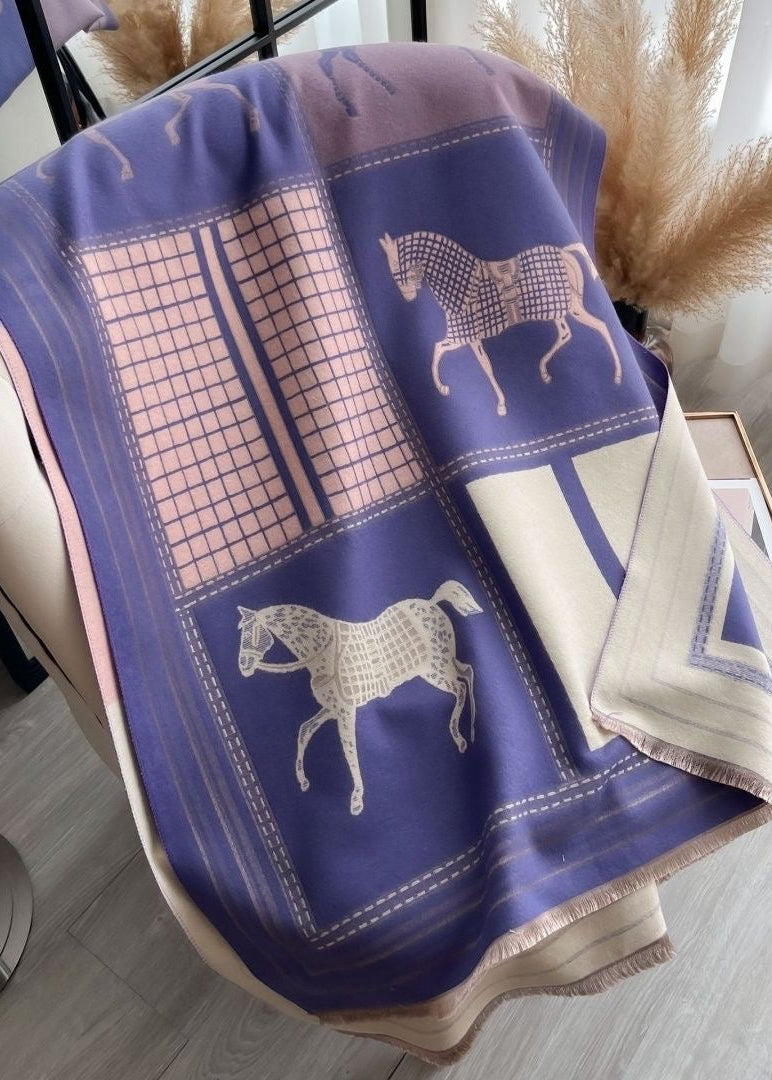 Reversible Equestrian Horse Print Faux Cashmere Scarf with Fringe