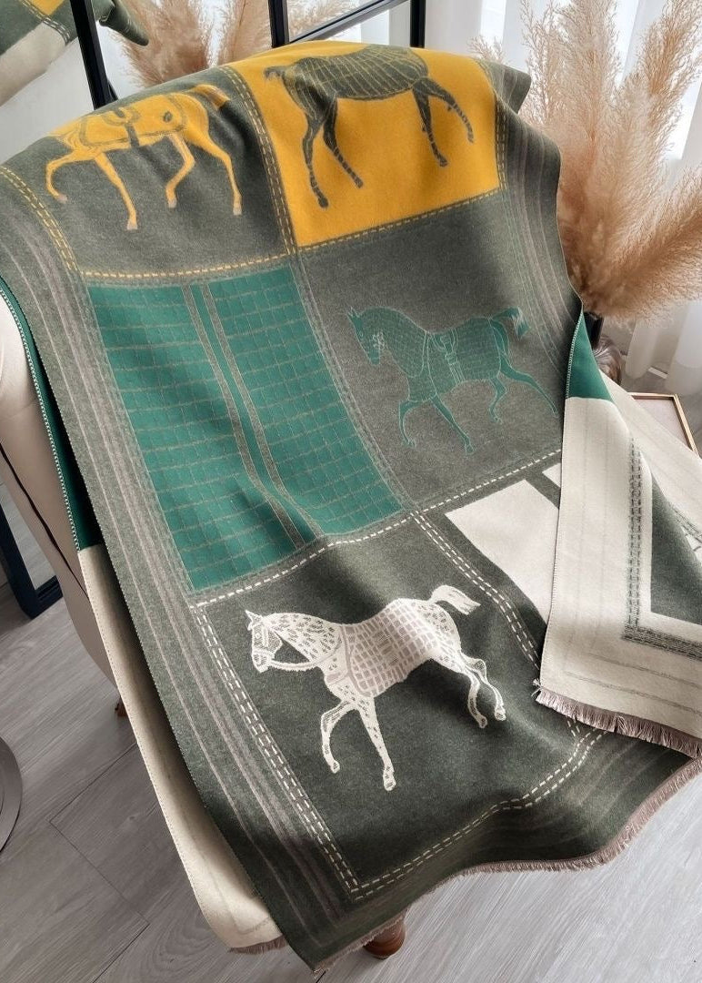 Reversible Equestrian Horse Print Faux Cashmere Scarf with Fringe