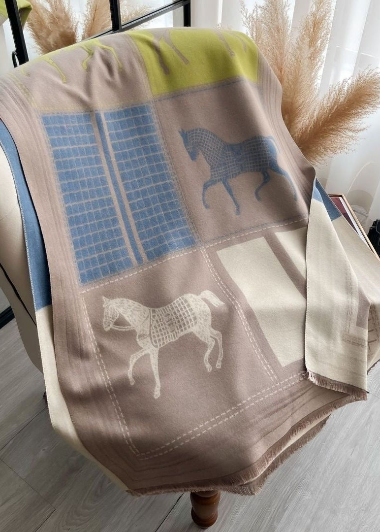 Reversible Equestrian Horse Print Faux Cashmere Scarf with Fringe