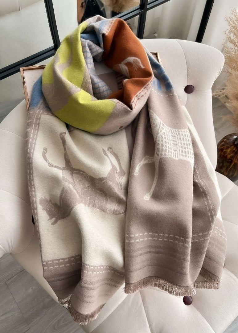 Reversible Equestrian Horse Print Faux Cashmere Scarf with Fringe