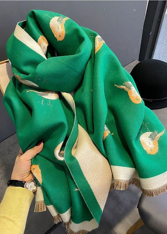 Reversible Bird Print Polyester Scarf with Fringe