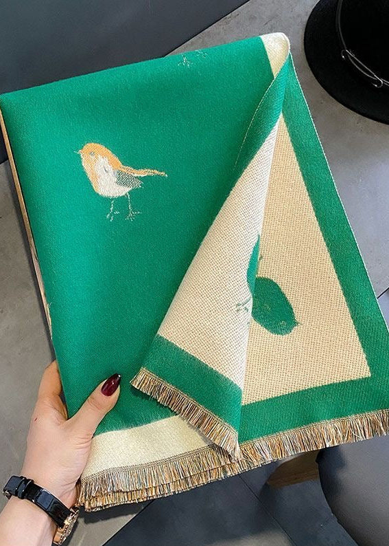 Reversible Bird Print Polyester Scarf with Fringe