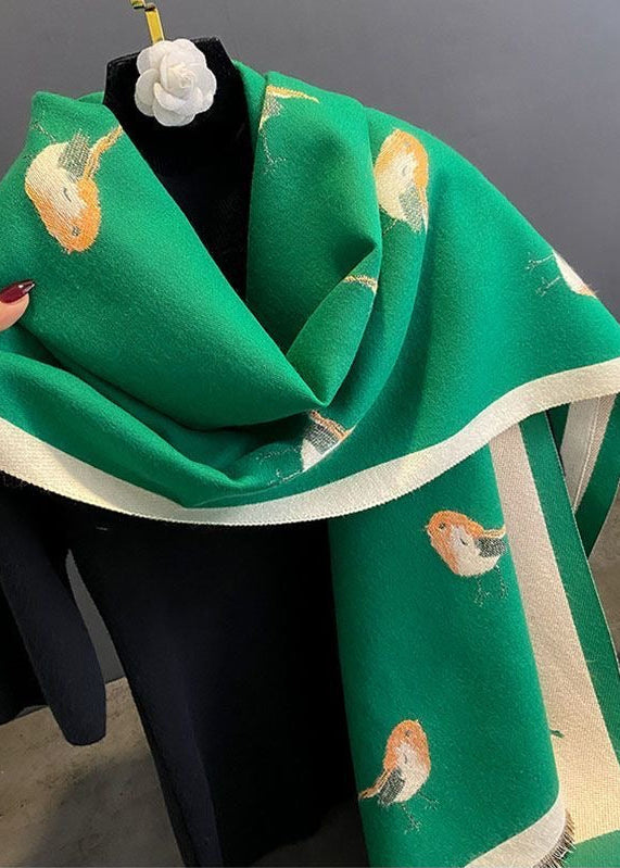 Reversible Bird Print Polyester Scarf with Fringe
