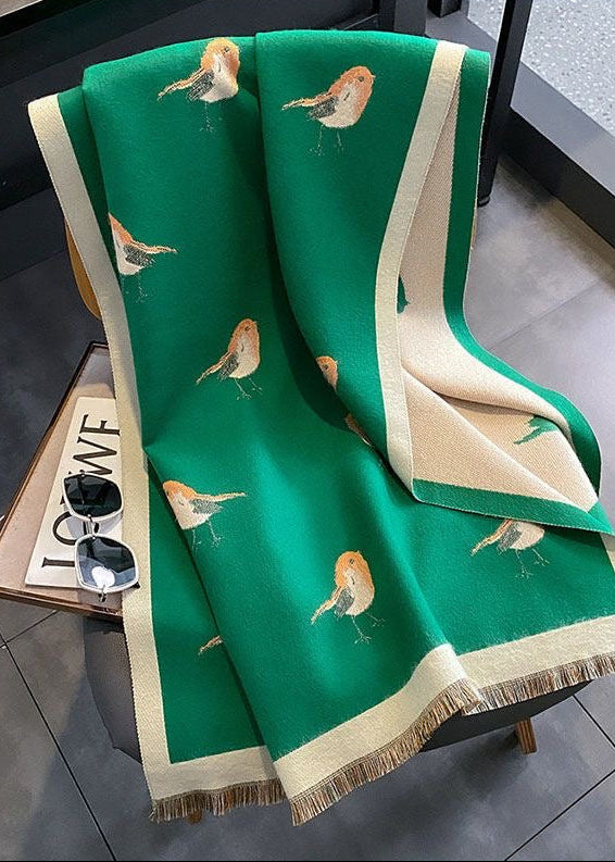 Reversible Bird Print Polyester Scarf with Fringe