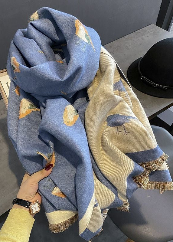 Reversible Bird Print Polyester Scarf with Fringe