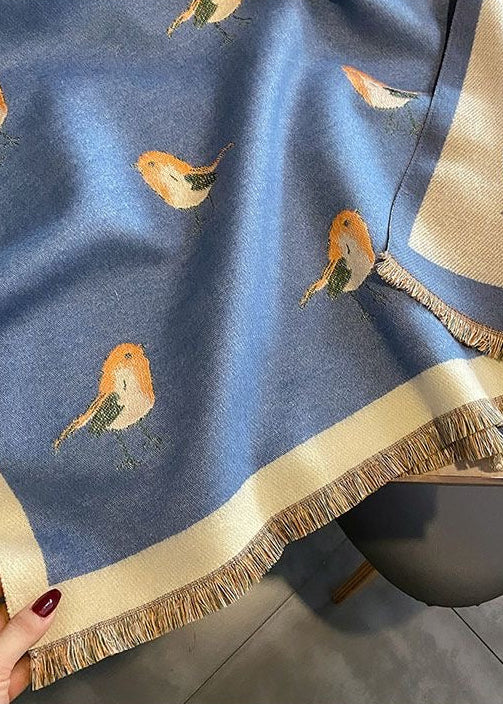 Reversible Bird Print Polyester Scarf with Fringe