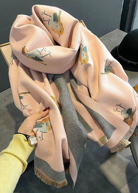 Reversible Bird Print Polyester Scarf with Fringe