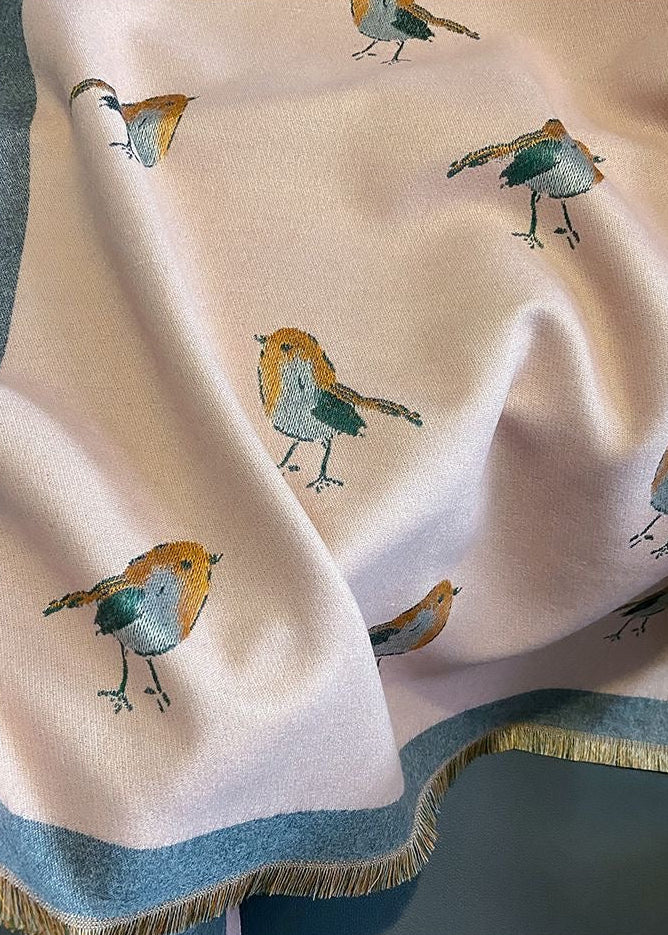 Reversible Bird Print Polyester Scarf with Fringe