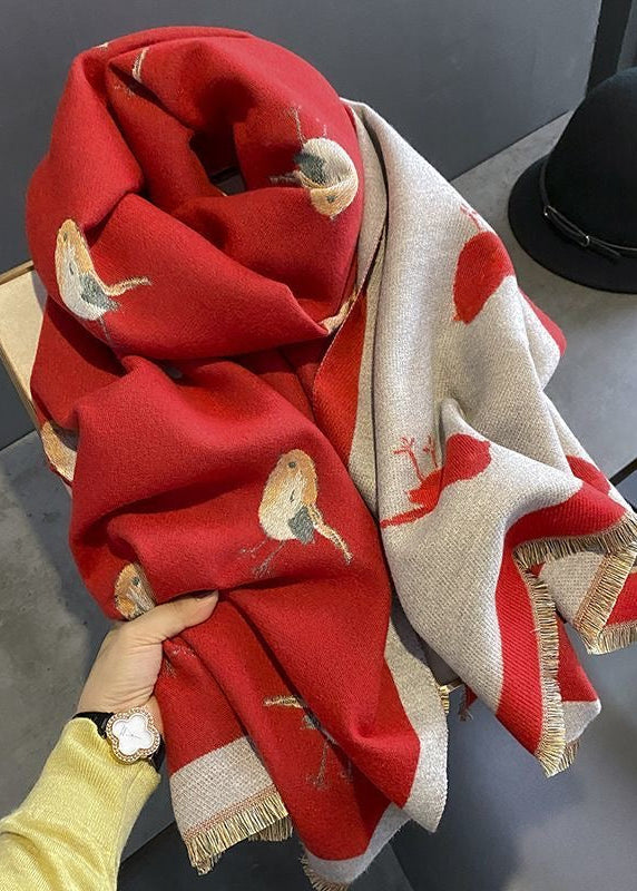 Reversible Bird Print Polyester Scarf with Fringe