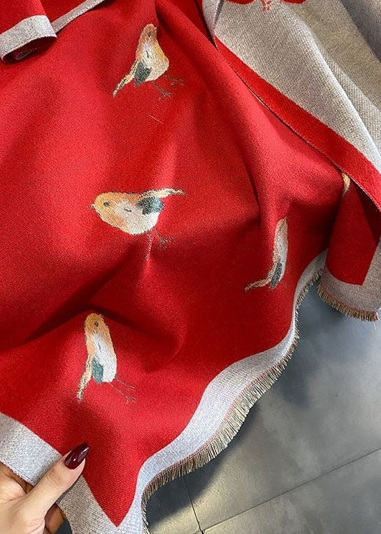Reversible Bird Print Polyester Scarf with Fringe