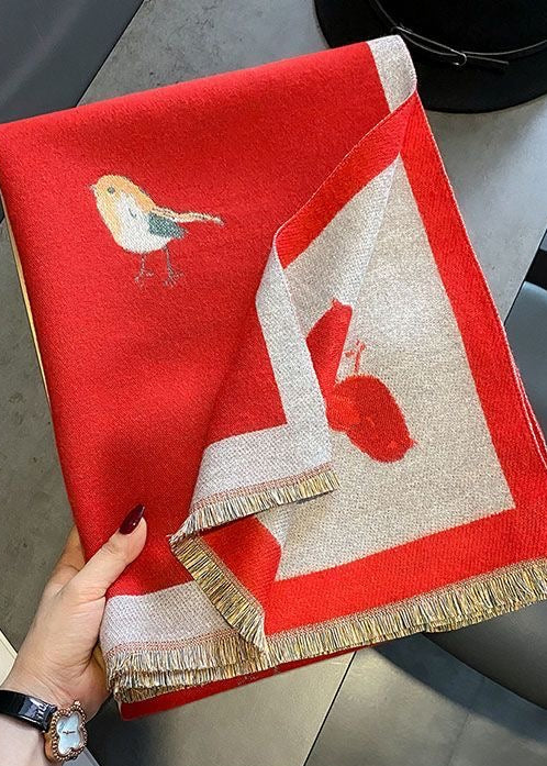 Reversible Bird Print Polyester Scarf with Fringe