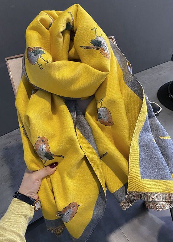 Reversible Bird Print Polyester Scarf with Fringe