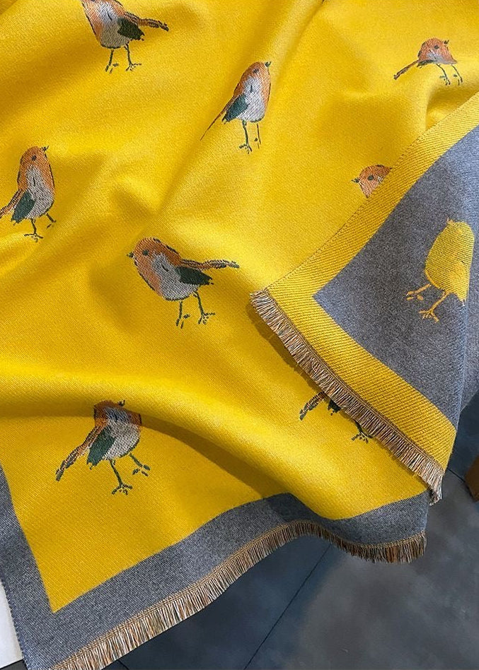 Reversible Bird Print Polyester Scarf with Fringe