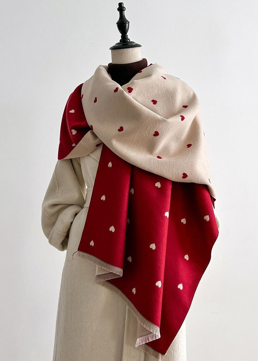 Reversible Heart Print Scarf with Fringe Trim