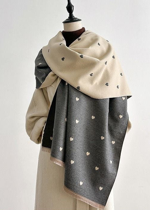 Reversible Heart Print Scarf with Fringe Trim