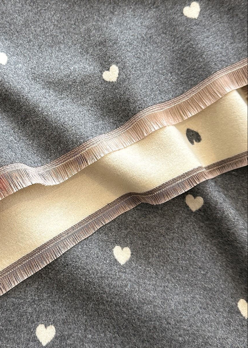 Reversible Heart Print Scarf with Fringe Trim