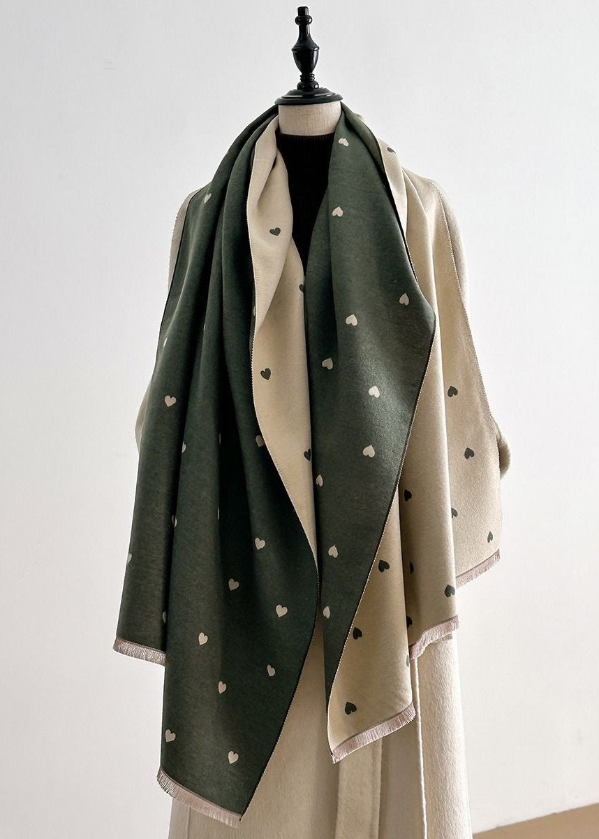 Reversible Heart Print Scarf with Fringe Trim