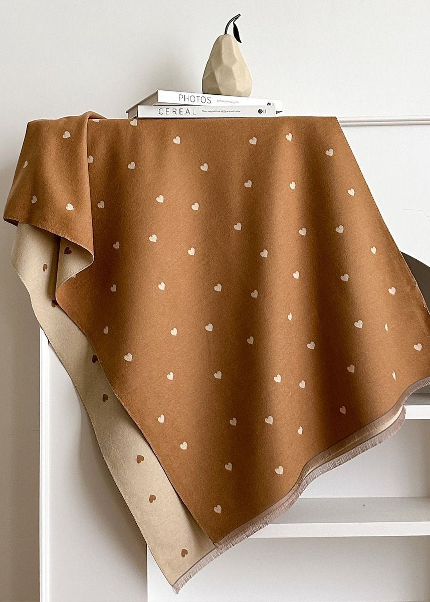 Reversible Heart Print Scarf with Fringe Trim