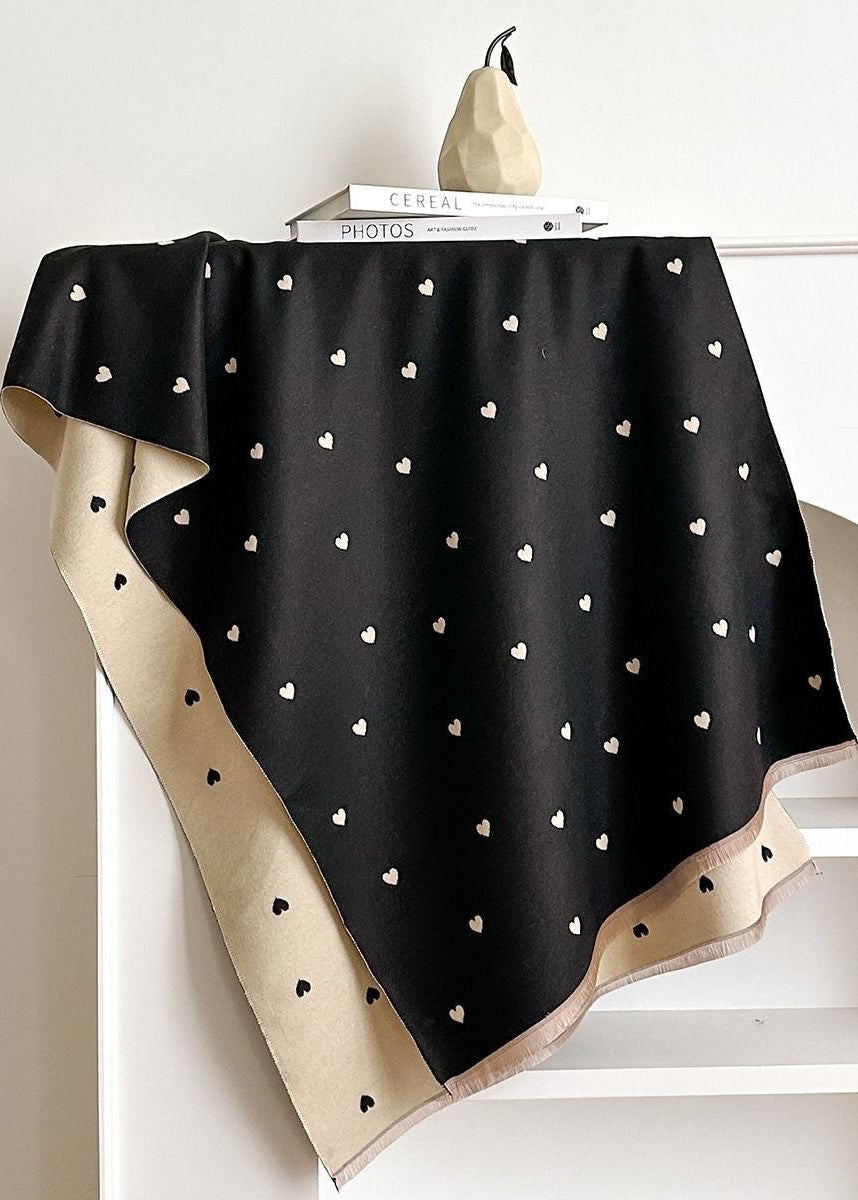 Reversible Heart Print Scarf with Fringe Trim