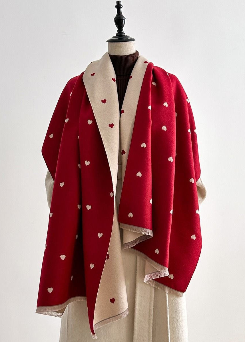 Reversible Heart Print Scarf with Fringe Trim