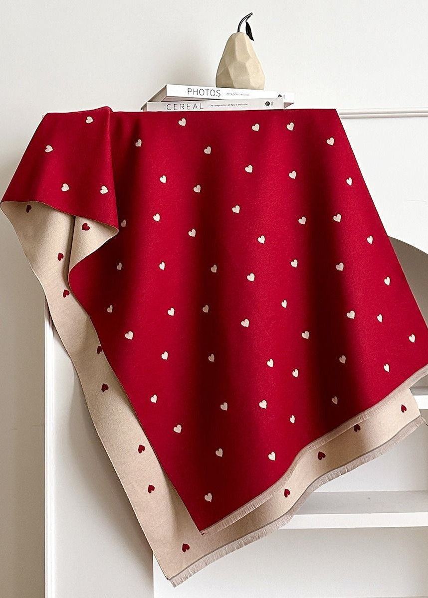 Reversible Heart Print Scarf with Fringe Trim