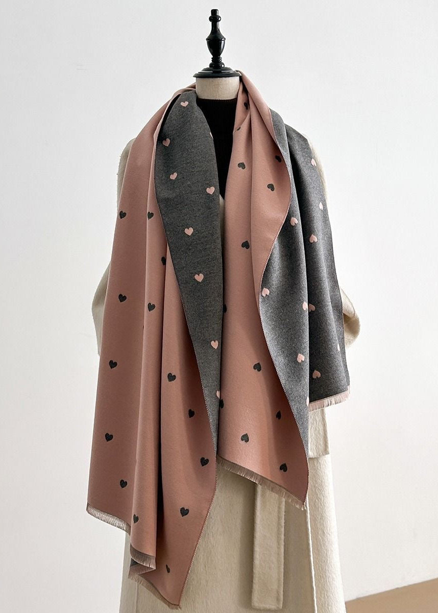 Reversible Heart Print Scarf with Fringe Trim