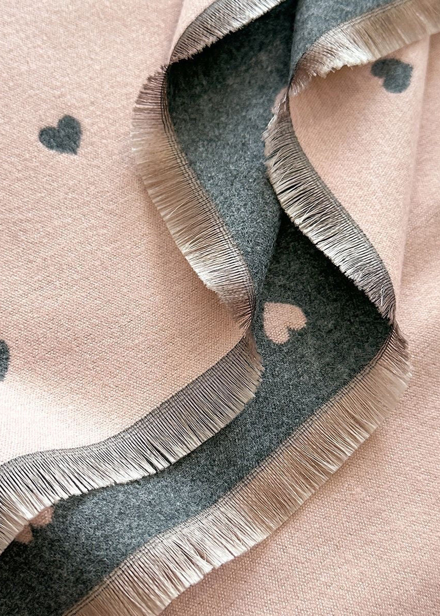 Reversible Heart Print Scarf with Fringe Trim