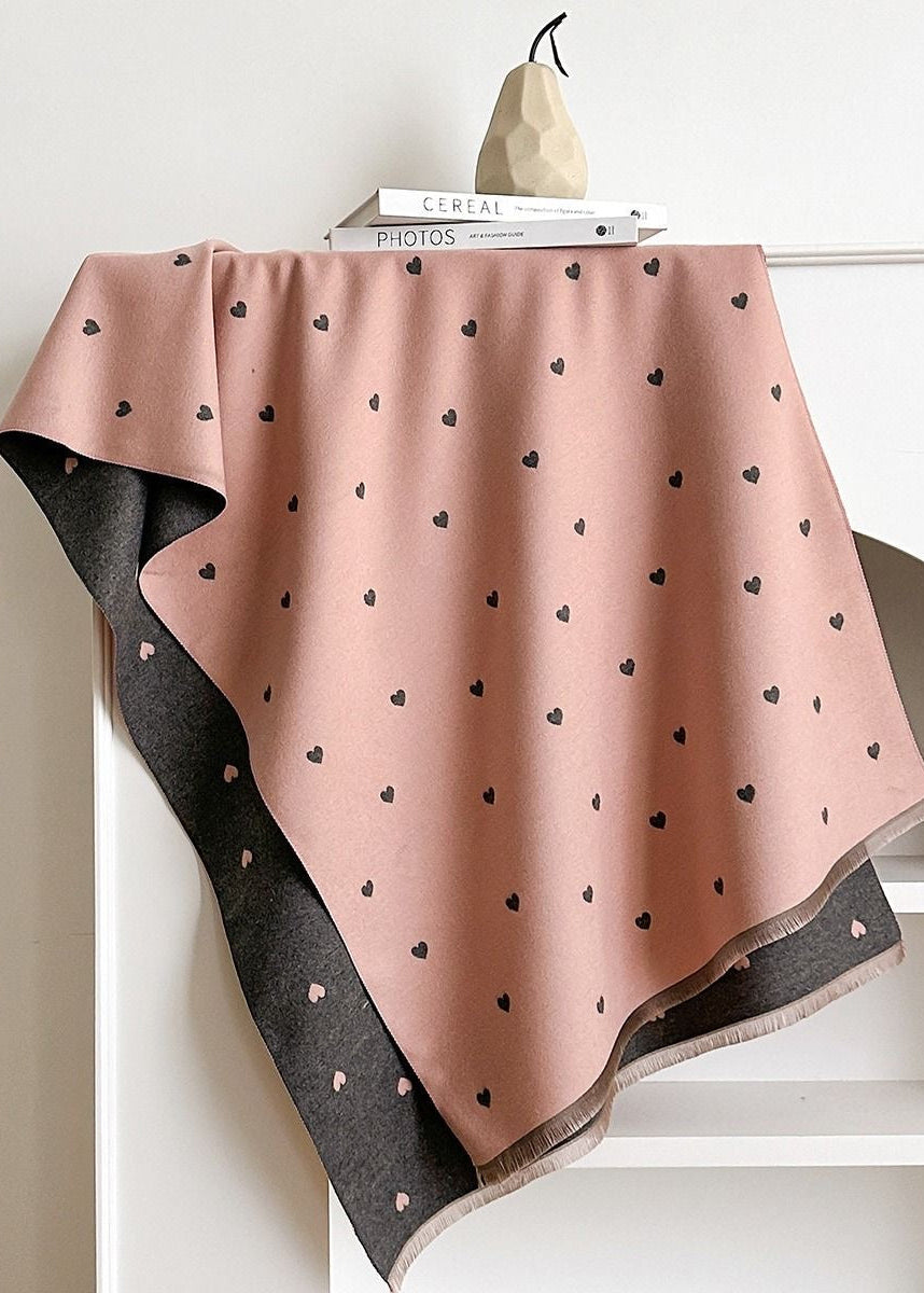 Reversible Heart Print Scarf with Fringe Trim