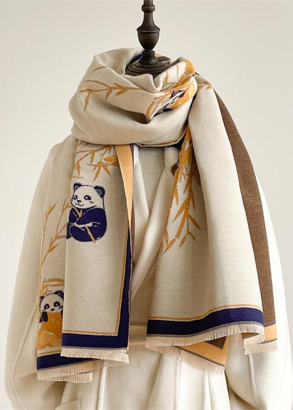 Reversible Panda Print Scarf with Bamboo Motif and Fringe Trim