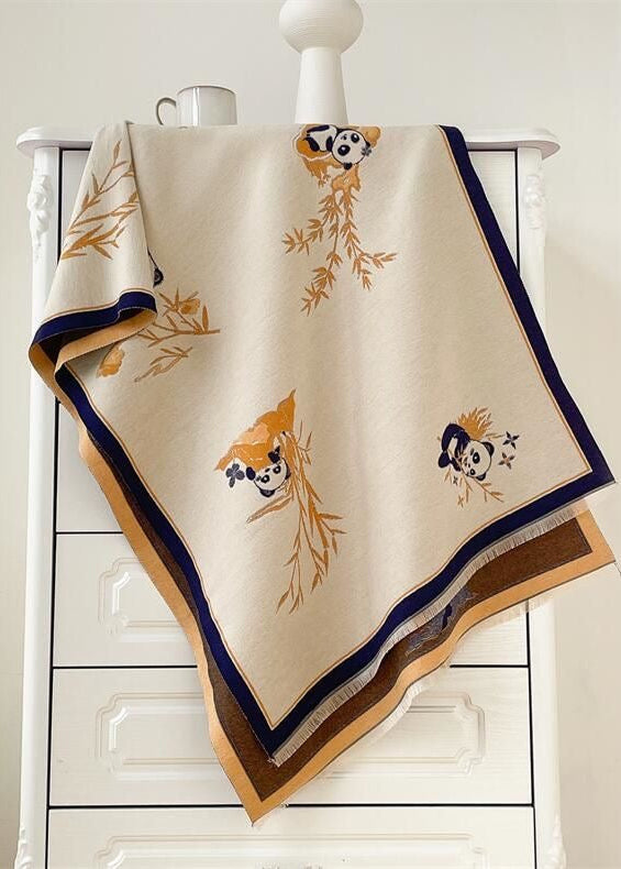 Reversible Panda Print Scarf with Bamboo Motif and Fringe Trim