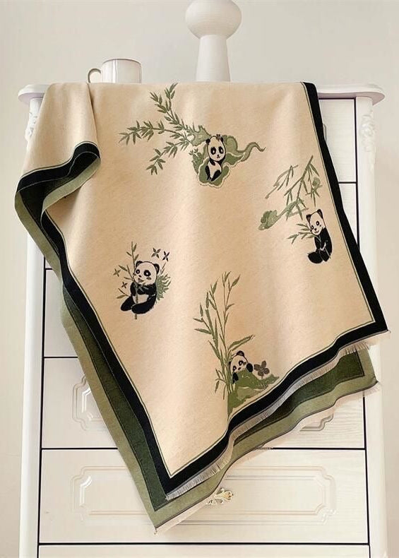 Reversible Panda Print Scarf with Bamboo Motif and Fringe Trim