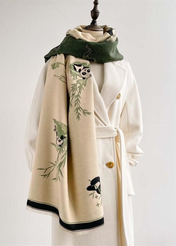 Reversible Panda Print Scarf with Bamboo Motif and Fringe Trim