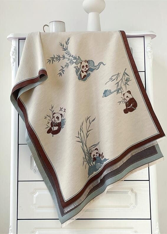 Reversible Panda Print Scarf with Bamboo Motif and Fringe Trim
