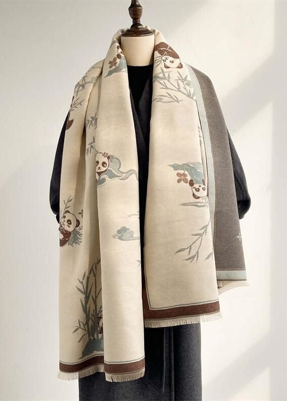 Reversible Panda Print Scarf with Bamboo Motif and Fringe Trim