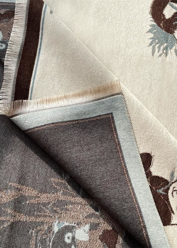 Reversible Panda Print Scarf with Bamboo Motif and Fringe Trim