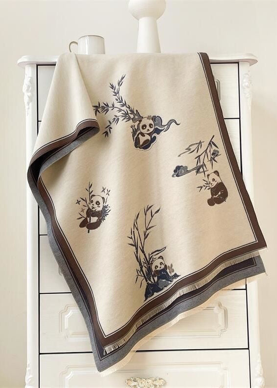 Reversible Panda Print Scarf with Bamboo Motif and Fringe Trim