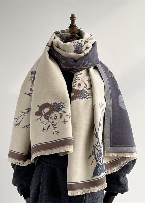 Reversible Panda Print Scarf with Bamboo Motif and Fringe Trim