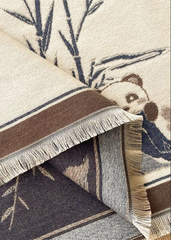 Reversible Panda Print Scarf with Bamboo Motif and Fringe Trim