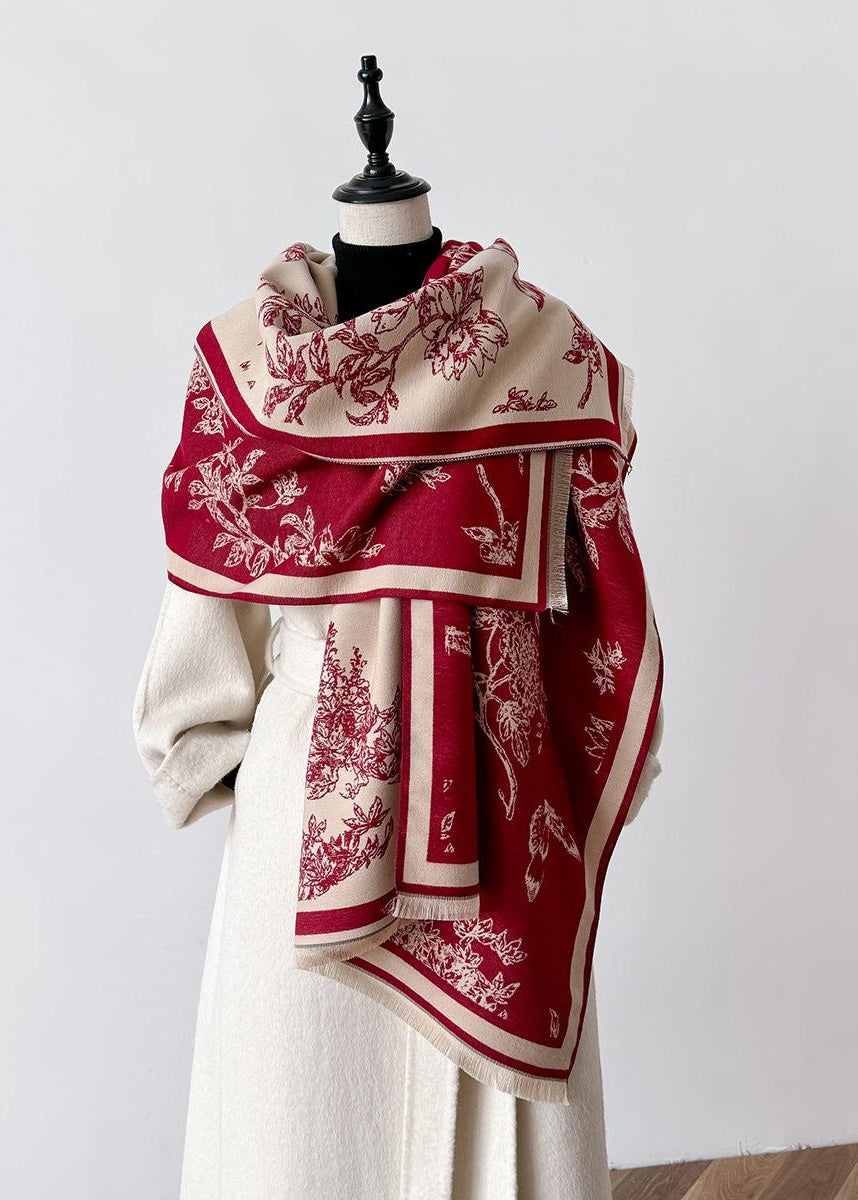 Botanical & Butterfly Print Fringe Scarf in Black and Beige