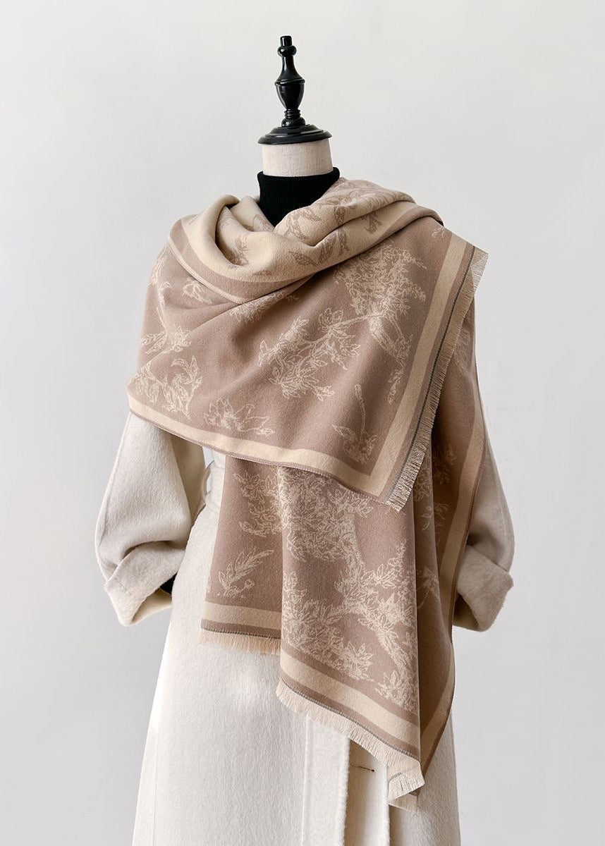 Botanical & Butterfly Print Fringe Scarf in Black and Beige
